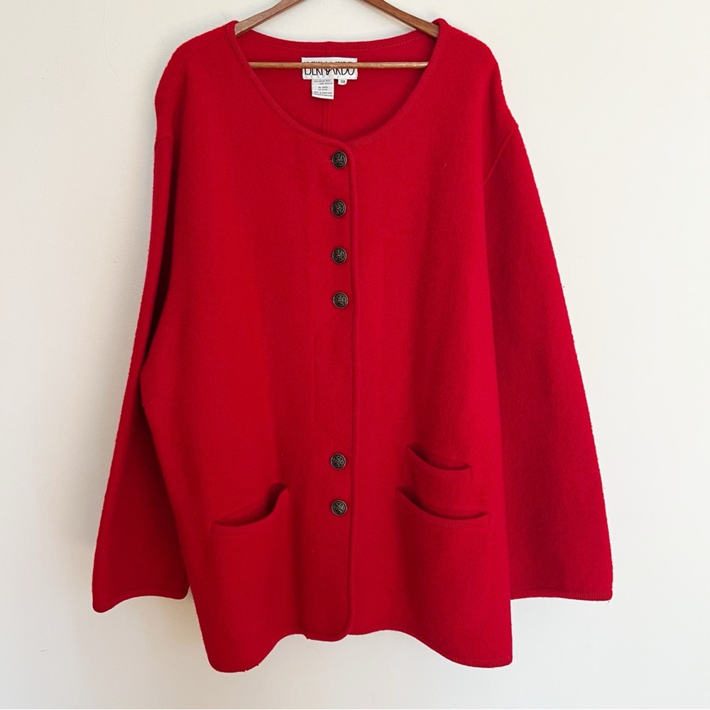 Vintage Bernardo Boiled Wool Knit Jacket Womens 3X Red Pockets Dressy Colorful